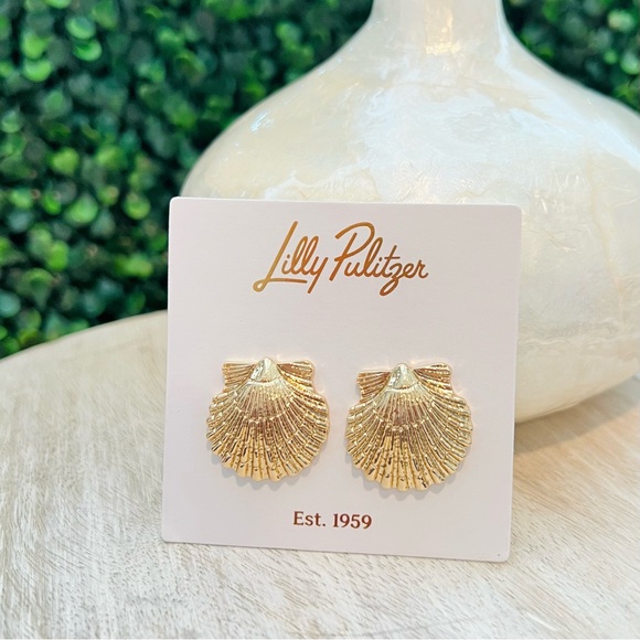 New Lilly Pulitzer Gold Sunshell Stud Earrings | Metallic | Seashell - Picture 5 of 7